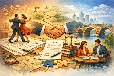 Illustration of contract negotiation as a balanced partnership: two people dancing on a contract page, a central handshake, a winding “roadmap” path, legal scales and books, and two negotiators reviewing documents beside a sturdy bridge.