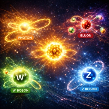 Cosmic particle-physics illustration with five glowing energy spheres and swirling field lines—gold at center and four colored orbs around it—suggesting different bosons and their interactions.