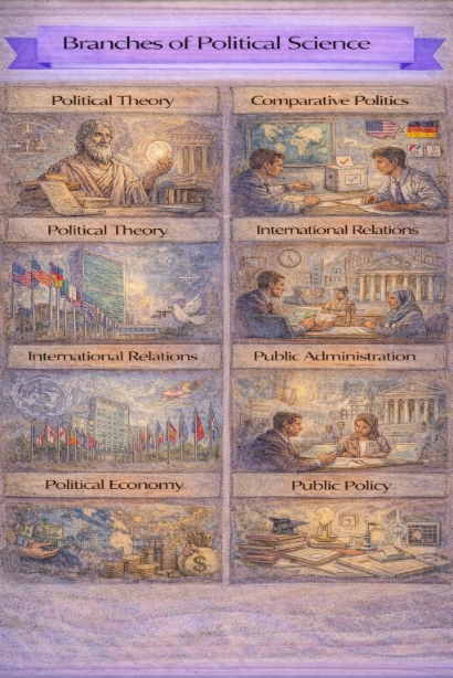 Watercolor-style infographic titled “Branches of Political Science,” arranged in six illustrated panels.