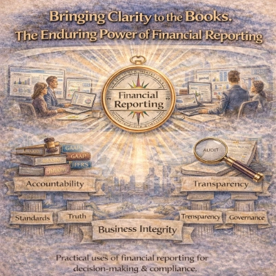 Watercolor-style infographic titled “Bringing Clarity to the Books: The Enduring Power of Financial Reporting,” featuring a central compass labeled “Financial Reporting,” surrounded by teams analyzing dashboards, books labeled GAAP/IFRS, an audit magnifying glass, and pillars labeled Accountability and Transparency against a cityscape backdrop.