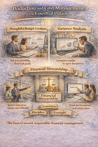 Watercolor infographic titled “Budgeting and Cost Management: The Essential Pillars,” showing panels for Thoughtful Budget Creation and Variance Analysis at the top, and a central “Financial Stewardship” pedestal with columns and scales, plus scenes of teams planning, controlling costs, and monitoring dashboards for adjustments.