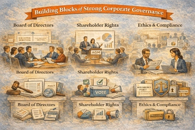Infographic titled “Building Blocks of Strong Corporate Governance” with three columns: Board of Directors showing a boardroom meeting plus audit and committee icons; Shareholder Rights showing an AGM presentation and a voting box; and Ethics & Compliance showing compliance officers reviewing a code of conduct with whistleblower policy, scales shield, and regulations padlock symbols on stone pedestals.