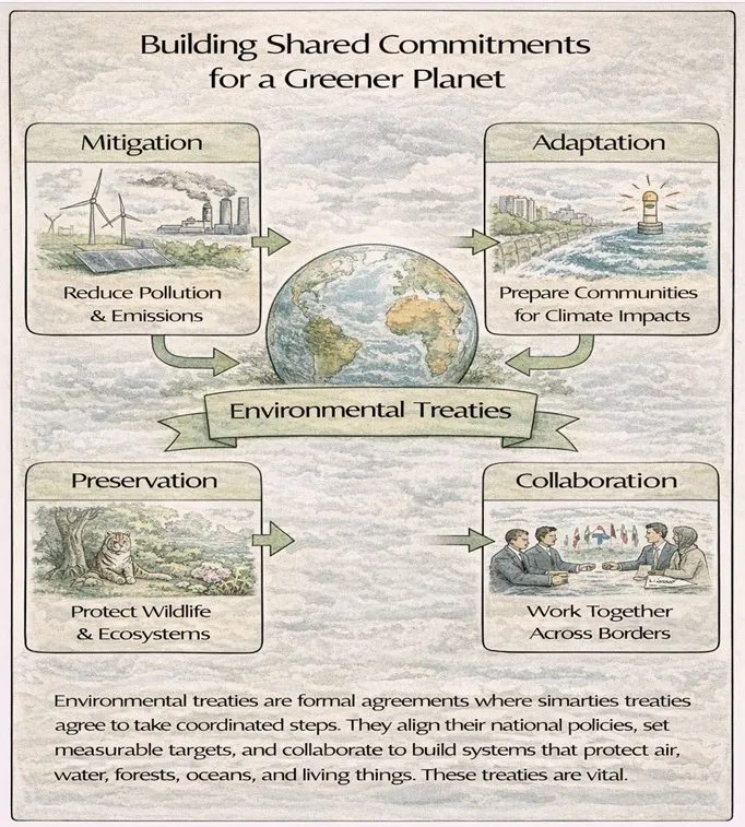 IDEF-style diagram showing core objectives of environmental treaties: mitigation, adaptation, preservation, and collaboration.