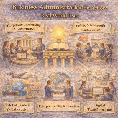 Business administration in action—leadership, innovation, public impact, global collaboration, and digital transformation.