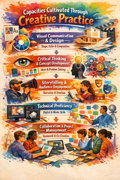 Colorful infographic titled “Capacities Cultivated Through Creative Practice,” showing five panels: visual communication & design, critical thinking & concept development, storytelling & audience engagement, technical proficiency, and collaboration & project management, with icons like a color wheel, eye, lightbulb, film clapperboard, design software screens, and a team working together.