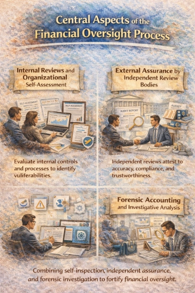 Watercolor infographic titled “Central Aspects of the Financial Oversight Process,” with three illustrated sections: internal reviews and self-assessment (team reviewing dashboards and checklists), external assurance by independent review bodies (auditors with an “audit report” and verification tools), and forensic accounting (investigator examining documents with a magnifying glass).