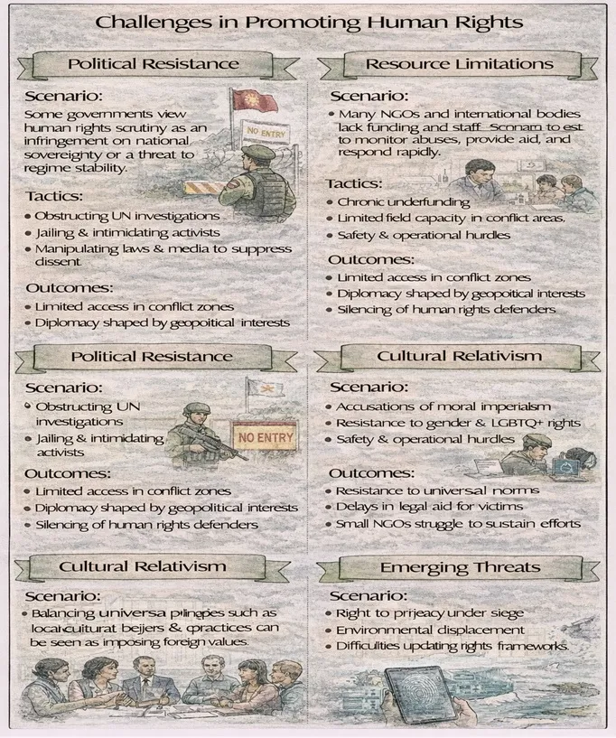 IDEF-style diagram showing challenges in promoting human rights: political resistance, resource limitations, cultural relativism, and emerging threats.