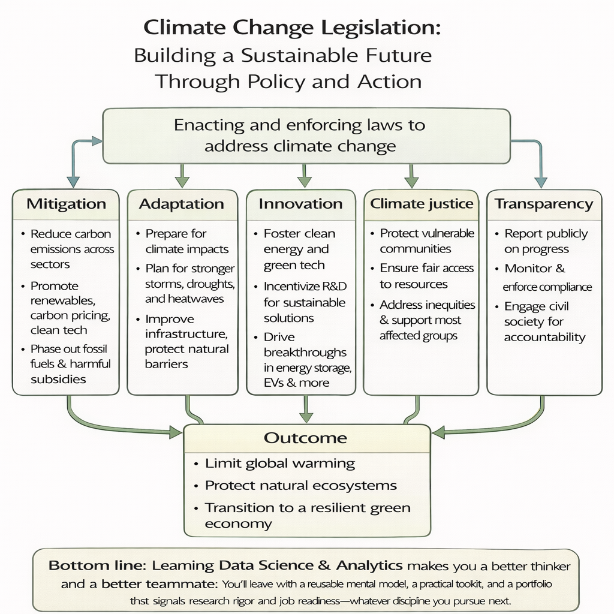 Flow diagram showing how climate laws are enacted through mitigation, adaptation, innovation, climate justice, and transparency.