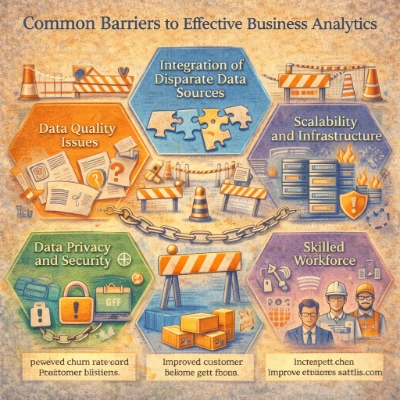 Key obstacles in business analytics—clean data, integration, scalable systems, privacy/security, and skilled talent.