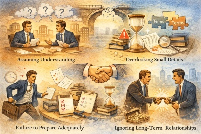 Four-panel illustration of contract negotiation pitfalls: two negotiators confused under question marks, a magnifying glass and “Terms” puzzle pieces over fine print, a rushed negotiator with checklists and a clock, and two people arguing as a handshake breaks apart.