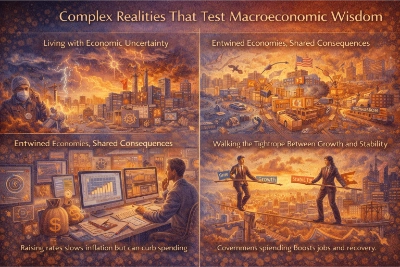 our-panel infographic titled “Complex Realities That Test Macroeconomic Wisdom” showing crisis-driven uncertainty, globally linked supply chains, imperfect data analysis, and policymakers balancing growth and stability on a tightrope.