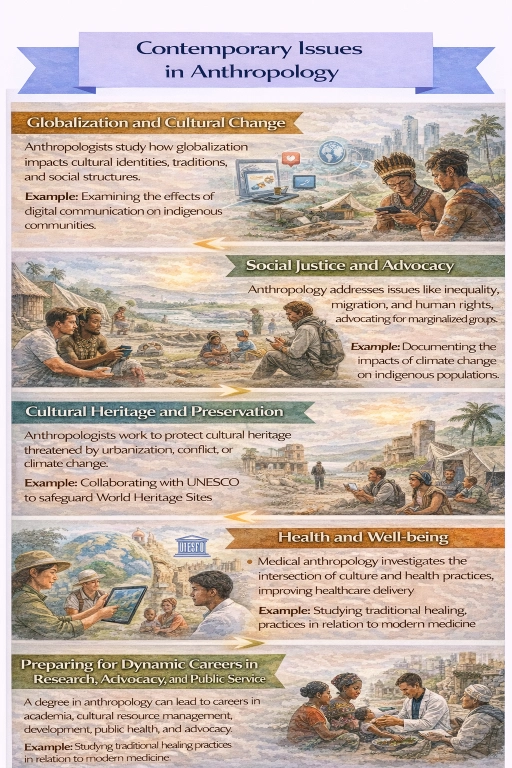 Infographic titled Contemporary Issues in Anthropology with four illustrated panels.
