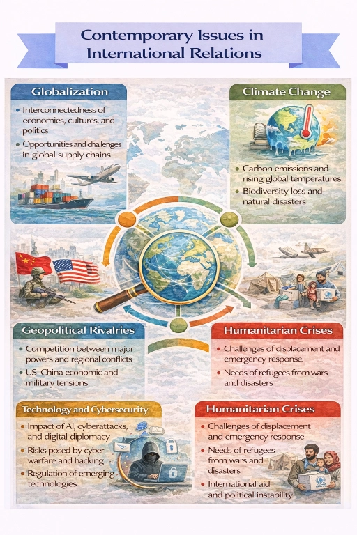 Infographic titled Contemporary Issues in International Relations showing five panels.