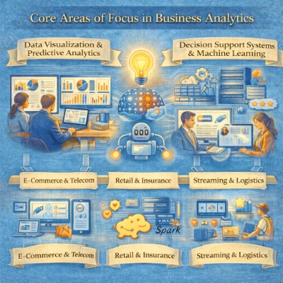 Core business analytics areas—visualize and predict, support decisions with AI, and manage big data for deeper insight.