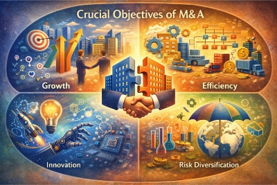 Illustration of mergers and acquisitions showing a central handshake above four panels labeled Growth, Efficiency, Innovation, and Risk Diversification, each with matching business icons.