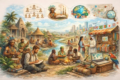Watercolor illustration of cultural anthropology showing an anthropologist observing diverse communities.