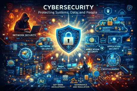 Cybersecurity infographic with a glowing shield-and-lock at the center, surrounded by labeled themes: Network Security, Identity & Access, Application Security, Cryptography, AI, Software Development, and Governance & Regulation.