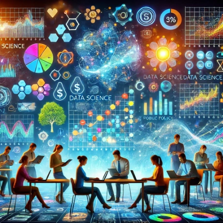 Infographic titled “Data Science & Analytics” showing a glowing brain above a team working on laptops, with the workflow “Collect & Log,” “Clean & Validate,” and “Build & Test,” plus “Privacy,” “Fairness,” and “Transparency.”