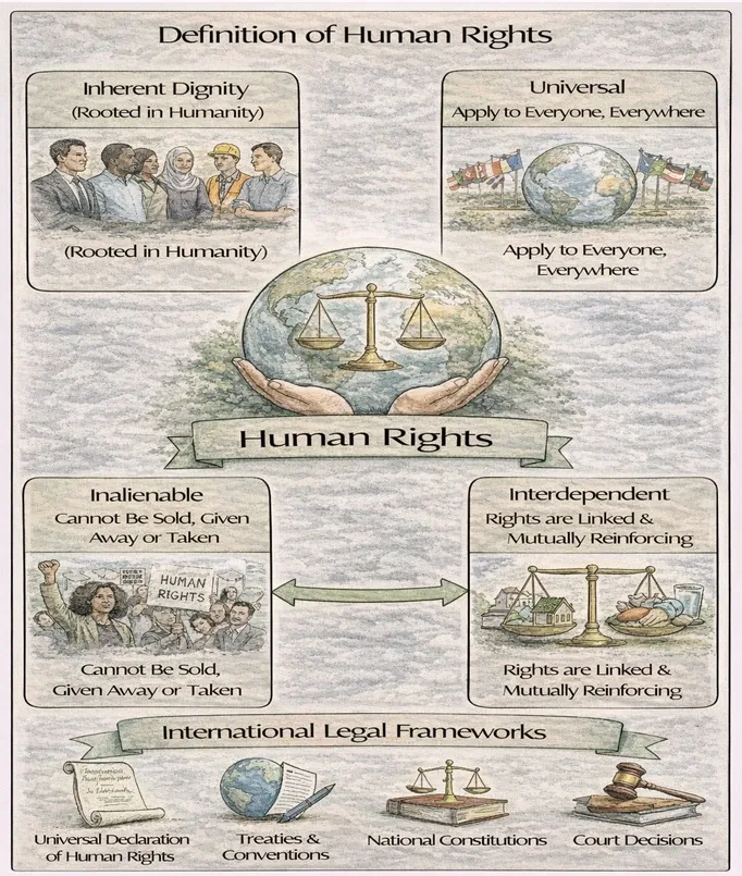 IDEF-style infographic defining human rights as universal, inalienable, interdependent, and rooted in human dignity, with icons for key international legal instruments.