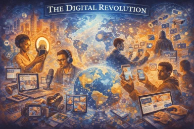 Illustration of the Digital Revolution showing people using smartphones, laptops, social media, podcasting, and global networks to represent how digital technology reshapes communication, identity, and culture.