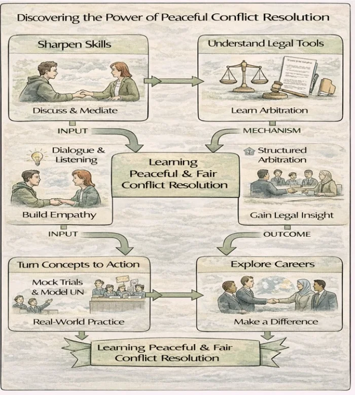 IDEF-style flow diagram titled “Discovering the Power of Peaceful Conflict Resolution,” showing how dialogue and listening build empathy, structured arbitration develops legal insight, practice activities turn concepts into action, and these pathways support career exploration and making a difference.