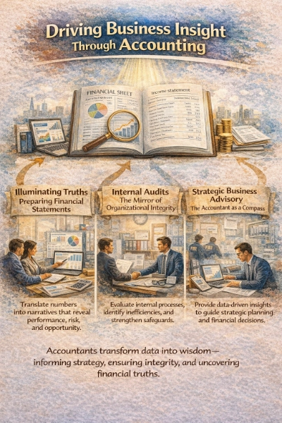 Watercolor infographic titled “Driving Business Insight Through Accounting,” featuring an open financial ledger with charts and a magnifying glass at the top, and three labeled scenes below: preparing financial statements, internal audits, and strategic business advisory, showing teams reviewing dashboards and an advisor analyzing reports.