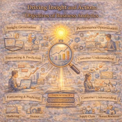 Business analytics objectives—turn data into insight, optimize performance, predict trends, and understand customers.