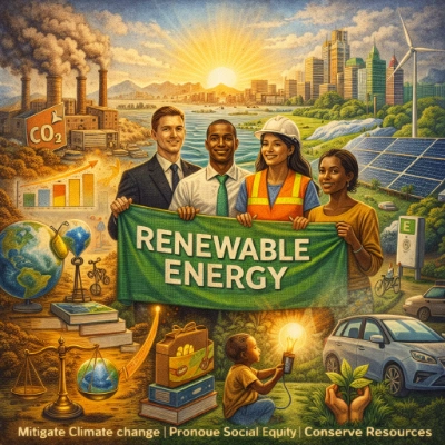 Four diverse advocates hold a “RENEWABLE ENERGY” banner in a scene that contrasts a smoky factory and CO₂ warning with a clean landscape of solar panels, wind turbines, a green city, and community symbols like an electric car, recycling, and a child holding a light.