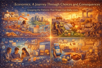 Four-panel illustration titled “Economics: A Journey Through Choices and Consequences” showing daily prices and inflation, students analyzing data, policy debates on growth and environment, and modern tools like apps, finance, and trade.