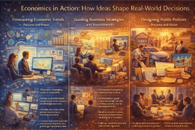 Three-panel infographic titled “Economics in Action” showing economists forecasting trends with dashboards, businesses planning investments with market data, and policymakers designing policies using analysis and public discussions.