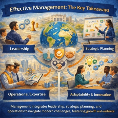 Infographic titled “Effective Management: The Key Takeaways,” showing leadership, strategic planning, operational expertise, and adaptability/innovation connected around a central globe and teamwork icons.
