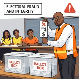 Illustration of a polling station where an election official in an orange vest holds up a questionable ballot beside two transparent ballot boxes while observers watch.