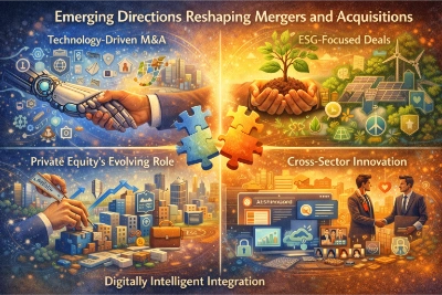 Five-part illustration of emerging M&A trends showing technology-driven deals, ESG-focused acquisitions, private equity influence, cross-sector innovation, and digitally intelligent post-merger integration around interlocking puzzle pieces.