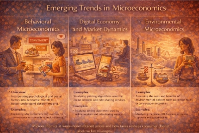 Three-panel infographic titled “Emerging Trends in Microeconomics” showing behavioral microeconomics (impulse and convenience buying), digital economy dynamics (platform pricing algorithms and gig work), and environmental microeconomics (carbon taxes and sustainability trade-offs).