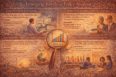 Infographic titled “Emerging Trends in Policy Analysis” with five sections showing data-driven policymaking, behavioral nudges, climate and sustainability policies, global coordination, and equity-focused evaluation around a central “policy” magnifying glass.