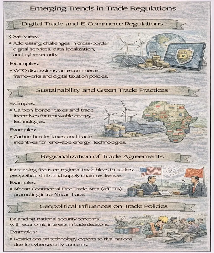 IDEF-style diagram summarizing emerging trends in trade regulations: digital trade rules, green trade standards, regional trade blocs, geopolitical restrictions, and labor & human-rights provisions.