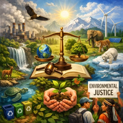 Environmental law illustration showing scales of justice balancing Earth and a tree above an open law book and gavel, with clean energy and community justice scenes.