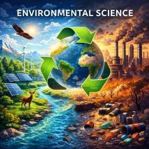 Environmental science illustration split between a green renewable-energy landscape and a polluted industrial scene, with Earth in the center wrapped by recycling arrows.
