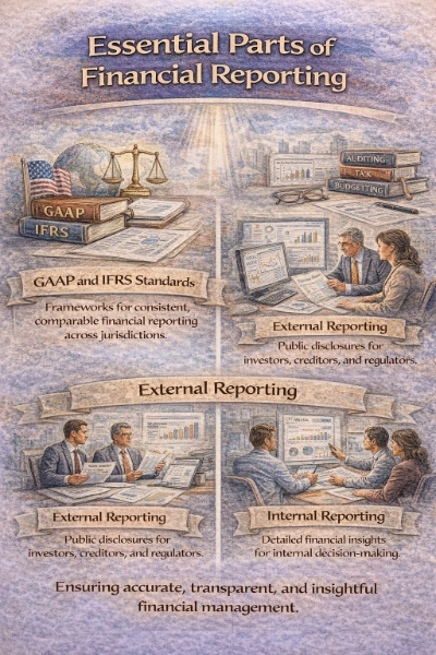 Watercolor infographic titled “Essential Parts of Financial Reporting,” showing three sections: GAAP and IFRS standards (books labeled GAAP/IFRS with a globe and scales), external reporting (teams preparing public reports and charts), and internal reporting (managers reviewing dashboards and KPIs for decisions).