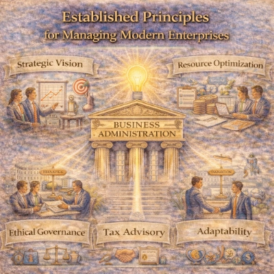 Four principles of modern enterprise management—strategic vision, resource optimization, adaptability, and ethical governance.