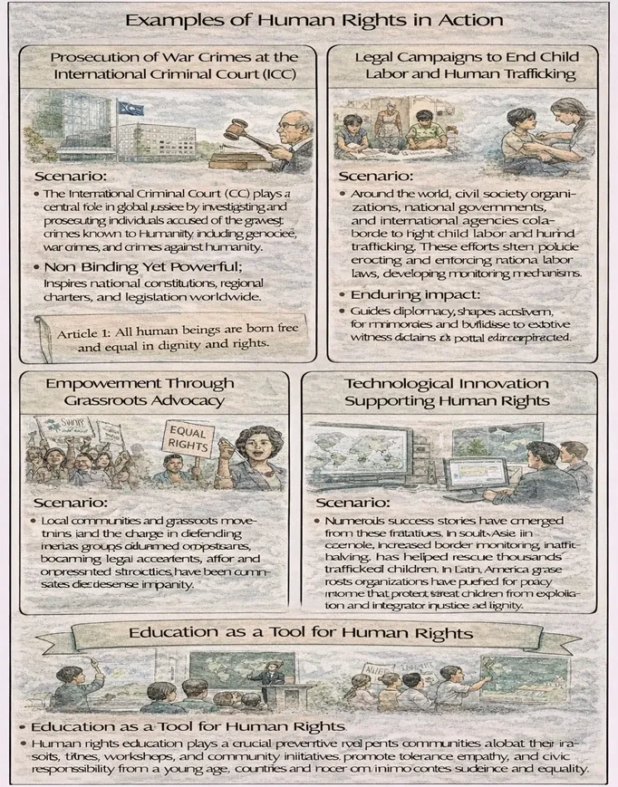 IDEF-style diagram titled “Examples of Human Rights in Action,” showing five pathways: ICC war-crimes prosecution, campaigns against child labor and trafficking, grassroots advocacy, technology for documenting abuses, and human-rights education—each leading to justice, protection, and accountability outcomes.