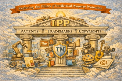 Vintage-style illustration titled “Exploring the Pillars of Intellectual Property Protection” showing a classical temple labeled “IPP” on the pediment, supported by three stone columns labeled “Patents,” “Trademarks,” and “Copyrights,” with a TM shield at the center and surrounding symbols such as a patent certificate, robotic arm and wind turbines, shopping bags and brand icons, and creative tools like a guitar, camera, paint palette, and a copyright document.