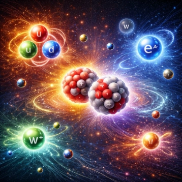 Colorful particle-physics scene with glowing nucleons at the center, surrounded by orbiting quark-like spheres and a bright electron-like sphere, with swirling energy trails across a starry background.