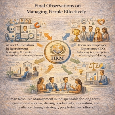 Vintage-style infographic on Human Resource Management (HRM) showing a central HRM emblem with arrows pointing to key people-management themes such as AI-assisted recruitment, employee experience, analytics, learning, and teamwork.
