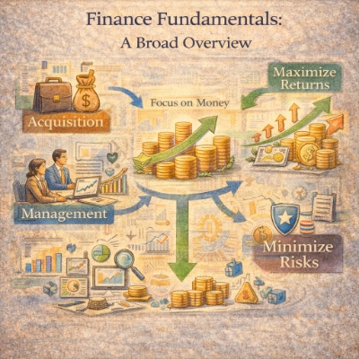 Infographic titled “Finance Fundamentals: A Broad Overview,” showing acquisition, management, investment focus, maximizing returns, and minimizing risks with coins, charts, arrows, and decision icons.