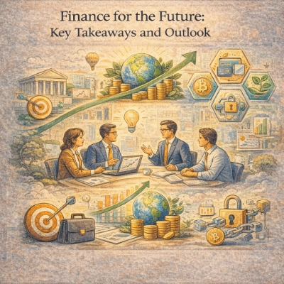 Illustration titled “Finance for the Future: Key Takeaways and Outlook,” showing a small team discussing around charts while symbols for growth, global markets, digital finance, security, and sustainability surround them.