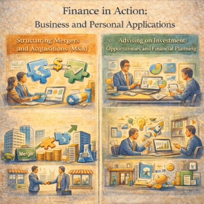 Hand-drawn infographic titled “Finance in Action: Business and Personal Applications,” split into two panels showing mergers and acquisitions on the left and investment advice and financial planning on the right, with charts, icons, and professionals in discussion.