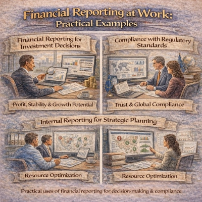 watercolor infographic titled “Financial Reporting at Work: Practical Examples,” showing three scenes: an investor reviewing income statement, balance sheet and cash flow charts; a multinational team checking IFRS compliance with global flags and documents; and managers using internal reports and dashboards to improve store performance and reallocate resources.