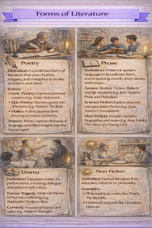 Watercolor infographic titled “Forms of Literature,” divided into four panels—Poetry, Prose, Drama, and Non-Fiction—each with an illustration and a scroll-style summary of definitions and examples.