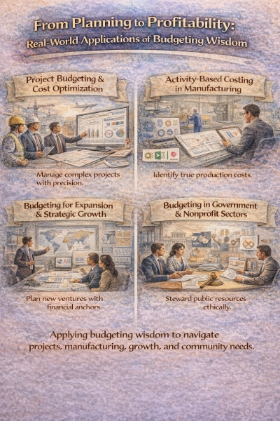 Watercolor infographic titled “From Planning to Profitability: Real-World Applications of Budgeting Wisdom,” divided into four panels: project budgeting and cost optimization (construction team reviewing charts), activity-based costing in manufacturing (factory scene with cost dashboards), budgeting for expansion and strategic growth (team planning with a world map), and budgeting in government and nonprofit sectors (public meeting with documents and civic symbols).
